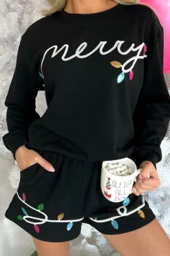 Discount Dear-Lover Sequin Merry Graphic Pullover and Shorts Outfit Black