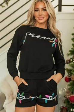 Discount Dear-Lover Sequin Merry Graphic Pullover and Shorts Outfit Black