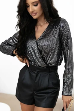 Outlet Dear-Lover Sequin Mesh Long Sleeve Surplice Neck Bodysuit Black