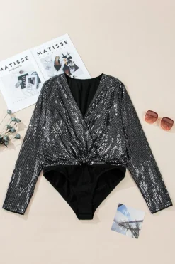Outlet Dear-Lover Sequin Mesh Long Sleeve Surplice Neck Bodysuit Black