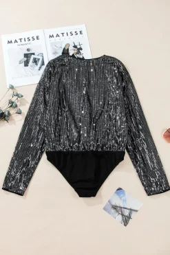 Outlet Dear-Lover Sequin Mesh Long Sleeve Surplice Neck Bodysuit Black