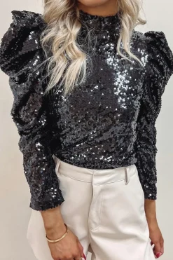 Fashion Dear-Lover Sequin Mock Neck Bubble Sleeve Top Black