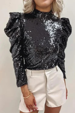Fashion Dear-Lover Sequin Mock Neck Bubble Sleeve Top Black