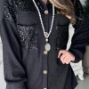Fashion Dear-Lover Sequin Patch Chest Pocket Corded Shacket Black