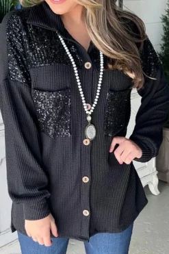Fashion Dear-Lover Sequin Patch Chest Pocket Corded Shacket Black
