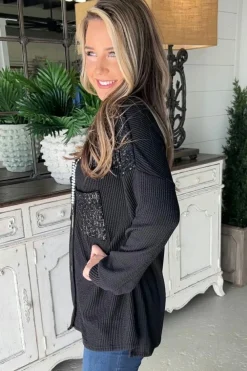 Fashion Dear-Lover Sequin Patch Chest Pocket Corded Shacket Black