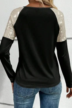 Outlet Dear-Lover Sequin Patch Chest Pocket Raglan Sleeve Top Black
