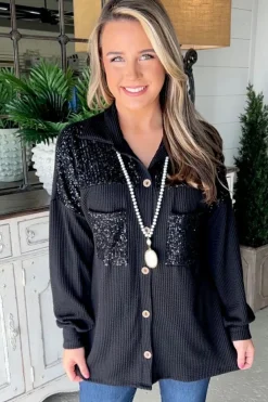 Fashion Dear-Lover Sequin Patch Chest Pocket Corded Shacket Black