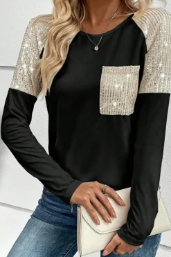 Outlet Dear-Lover Sequin Patch Chest Pocket Raglan Sleeve Top Black
