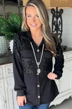 Fashion Dear-Lover Sequin Patch Chest Pocket Corded Shacket Black