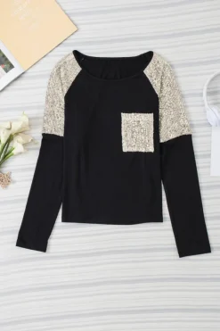 Outlet Dear-Lover Sequin Patch Chest Pocket Raglan Sleeve Top Black