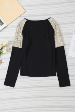 Outlet Dear-Lover Sequin Patch Chest Pocket Raglan Sleeve Top Black
