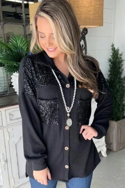 Fashion Dear-Lover Sequin Patch Chest Pocket Corded Shacket Black