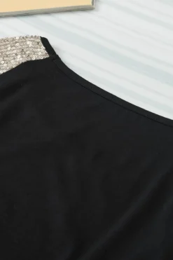 Outlet Dear-Lover Sequin Patch Chest Pocket Raglan Sleeve Top Black