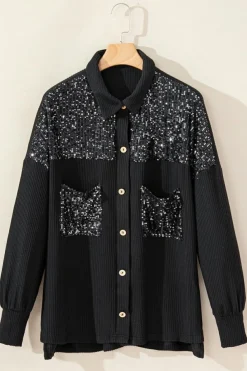 Fashion Dear-Lover Sequin Patch Chest Pocket Corded Shacket Black