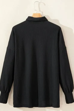 Fashion Dear-Lover Sequin Patch Chest Pocket Corded Shacket Black