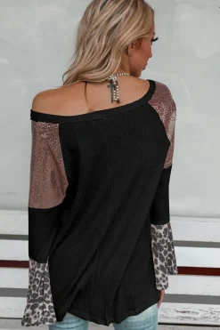 Clearance Dear-Lover Sequin Patchwork Bell Sleeve V Neck Tunic Top Black