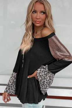 Clearance Dear-Lover Sequin Patchwork Bell Sleeve V Neck Tunic Top Black