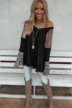 Clearance Dear-Lover Sequin Patchwork Bell Sleeve V Neck Tunic Top Black