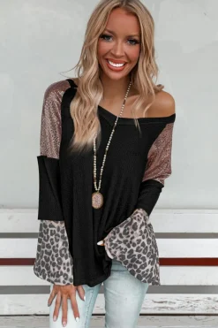 Clearance Dear-Lover Sequin Patchwork Bell Sleeve V Neck Tunic Top Black