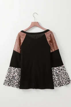 Clearance Dear-Lover Sequin Patchwork Bell Sleeve V Neck Tunic Top Black