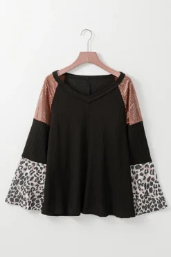 Clearance Dear-Lover Sequin Patchwork Bell Sleeve V Neck Tunic Top Black