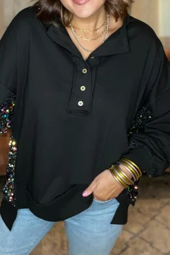 Discount Dear-Lover Sequin Patchwork High Low Hem Henley Sweatshirt Black