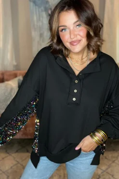 Discount Dear-Lover Sequin Patchwork High Low Hem Henley Sweatshirt Black