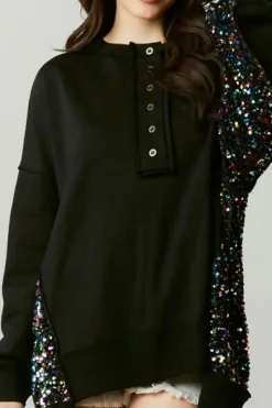 Discount Dear-Lover Sequin Patchwork High Low Hem Henley Sweatshirt Black