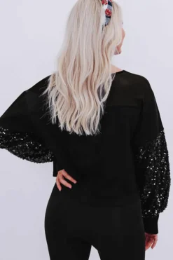 Fashion Dear-Lover Sequin Patchwork Lantern Sleeve Blouse Black