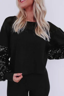 Fashion Dear-Lover Sequin Patchwork Lantern Sleeve Blouse Black