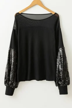 Fashion Dear-Lover Sequin Patchwork Lantern Sleeve Blouse Black