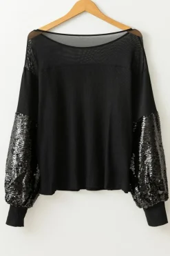 Fashion Dear-Lover Sequin Patchwork Lantern Sleeve Blouse Black