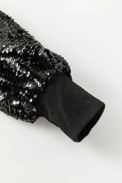 Fashion Dear-Lover Sequin Patchwork Lantern Sleeve Blouse Black