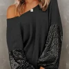 Hot Dear-Lover Sequin Patchwork Sleeve Open Back Waffle Knit Top Black