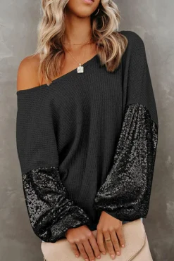 Hot Dear-Lover Sequin Patchwork Sleeve Open Back Waffle Knit Top Black