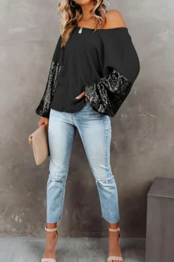 Hot Dear-Lover Sequin Patchwork Sleeve Open Back Waffle Knit Top Black