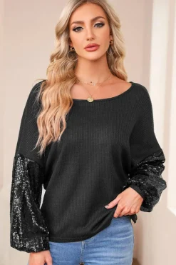 Hot Dear-Lover Sequin Patchwork Sleeve Open Back Waffle Knit Top Black