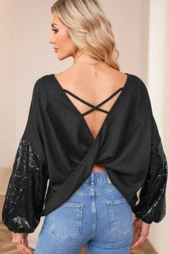 Hot Dear-Lover Sequin Patchwork Sleeve Open Back Waffle Knit Top Black