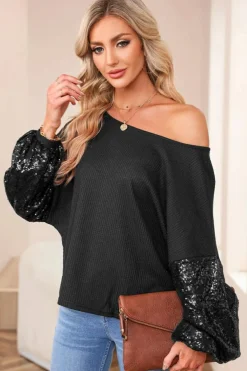 Hot Dear-Lover Sequin Patchwork Sleeve Open Back Waffle Knit Top Black