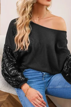 Hot Dear-Lover Sequin Patchwork Sleeve Open Back Waffle Knit Top Black