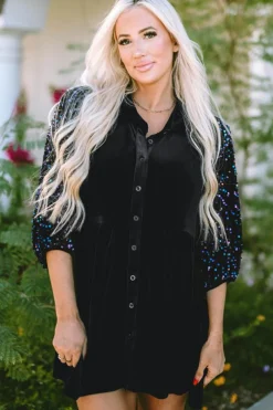 Hot Dear-Lover Sequin Puff Sleeve Buttoned Velvet Peplum Shirt Black