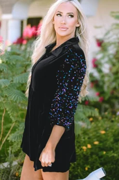 Hot Dear-Lover Sequin Puff Sleeve Buttoned Velvet Peplum Shirt Black