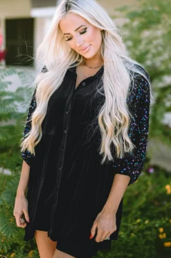 Hot Dear-Lover Sequin Puff Sleeve Buttoned Velvet Peplum Shirt Black