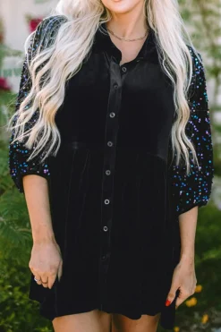 Hot Dear-Lover Sequin Puff Sleeve Buttoned Velvet Peplum Shirt Black