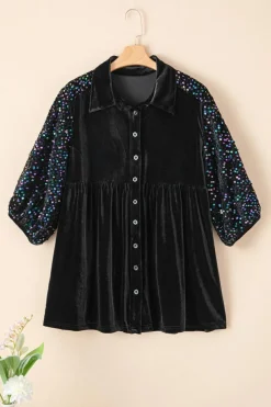 Hot Dear-Lover Sequin Puff Sleeve Buttoned Velvet Peplum Shirt Black