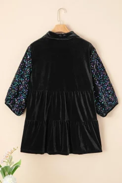 Hot Dear-Lover Sequin Puff Sleeve Buttoned Velvet Peplum Shirt Black