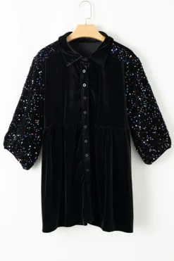 Hot Dear-Lover Sequin Puff Sleeve Buttoned Velvet Peplum Shirt Black