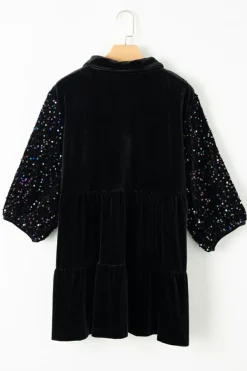 Hot Dear-Lover Sequin Puff Sleeve Buttoned Velvet Peplum Shirt Black