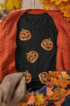 New Dear-Lover Sequin Pumpkin Face Halloween T Shirt Black